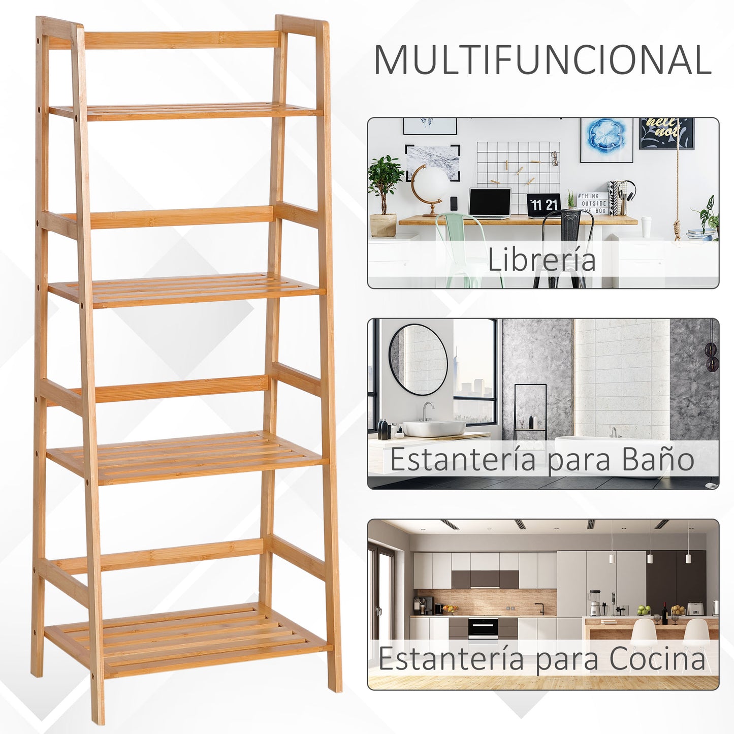 HOMCOM Estantería de Bambú 4 Niveles Estantería Escalera de Baño Librería Organizador Zapatero 48x30x119cm