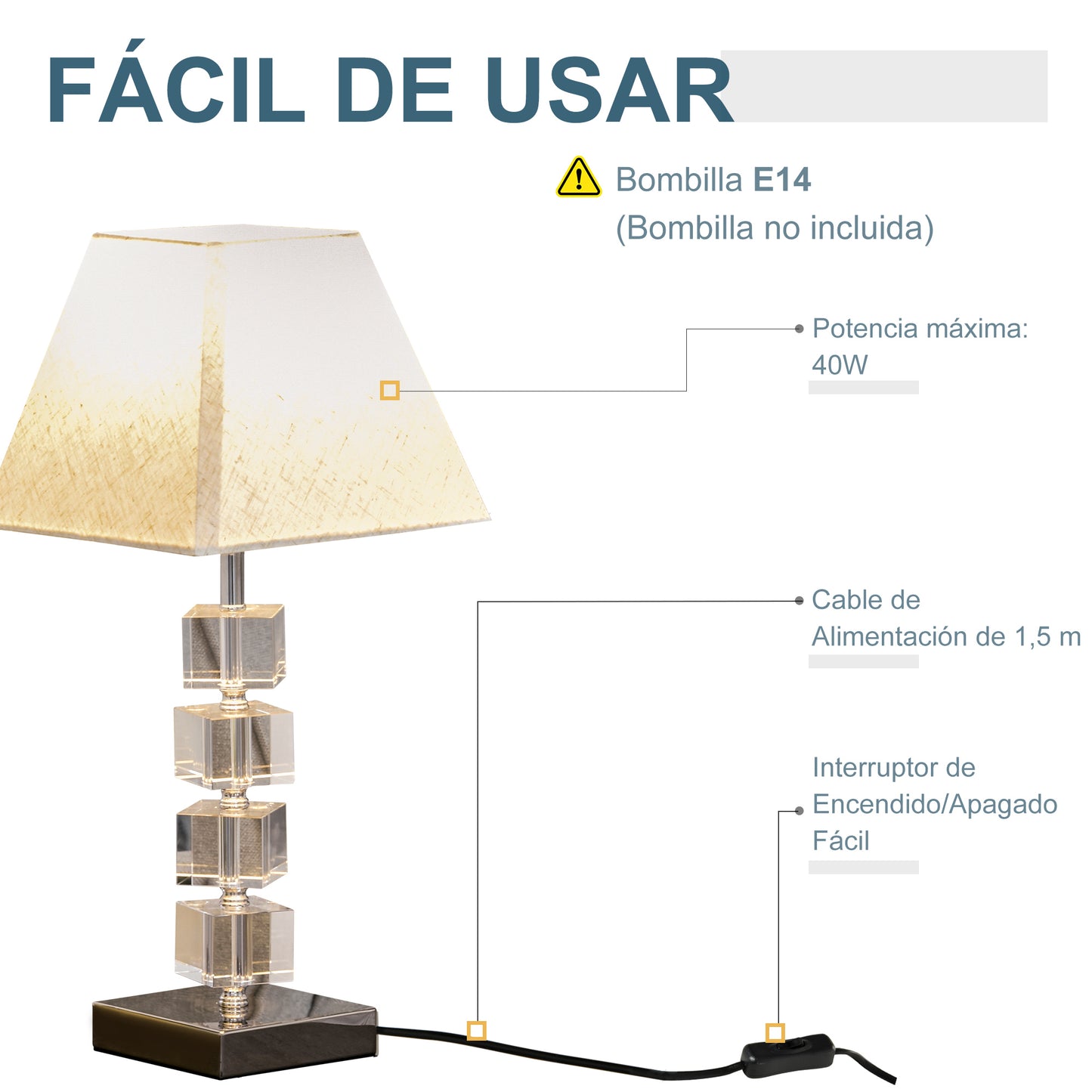 HOMCOM Lámpara de Mesita de Noche Lámpara de Mesa con Casquillo E14 Máx. 40W Cristal Giratorio y Base de Metal para Salón Oficina Dormitorio 20x20x47 cm Crema