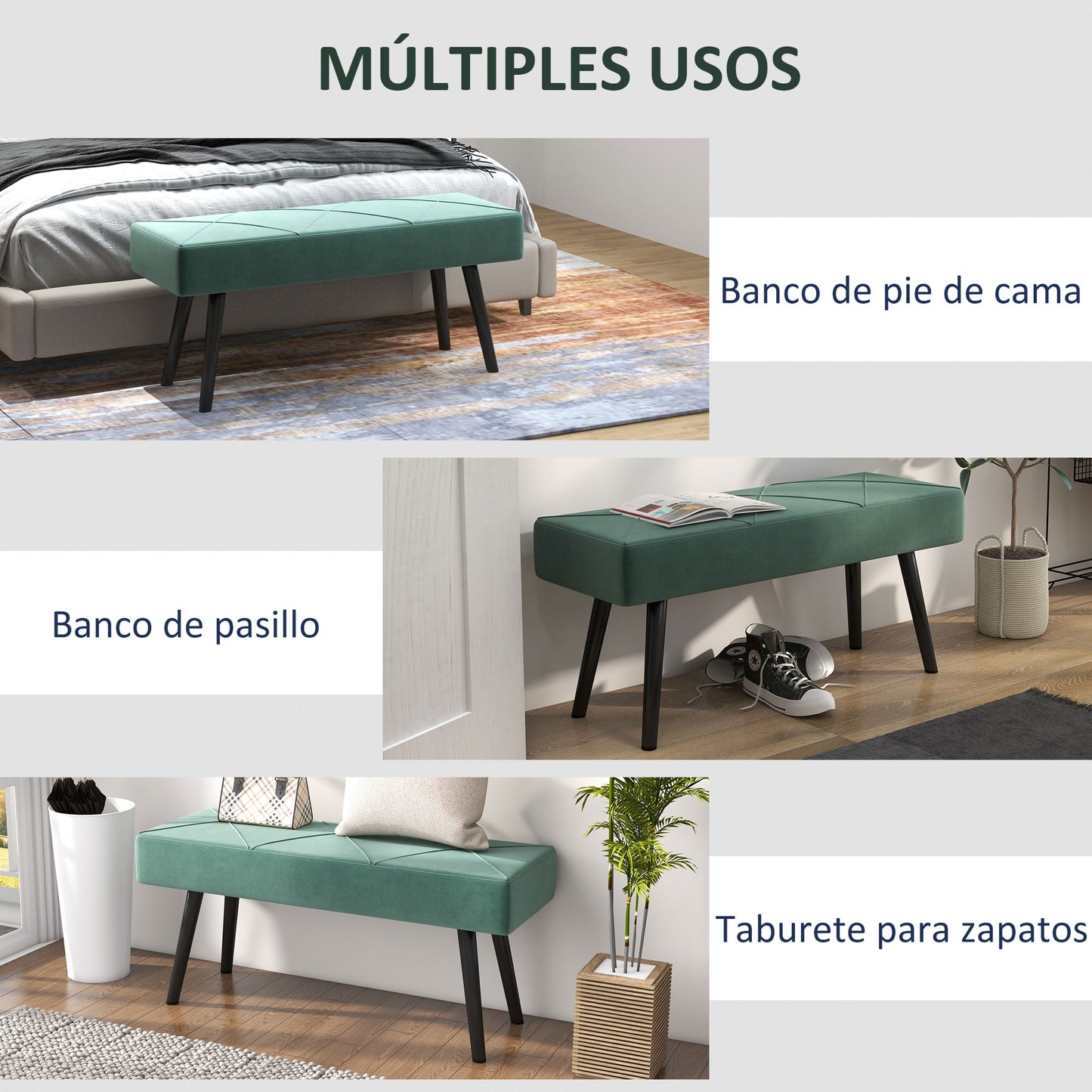 HOMCOM Taburete Pie de Cama Multifuncional Banco Pie de Cama Moderno Banco Dormitorio con Pies de Acero y Asiento Acolchado Carga 120 kg para Entrada Pasillo 100x36x45 cm Verde