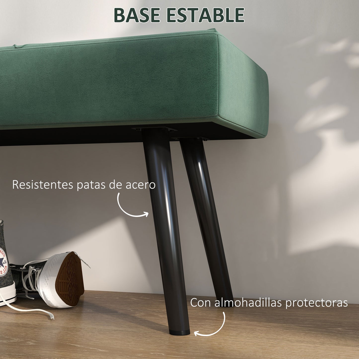 HOMCOM Taburete Pie de Cama Multifuncional Banco Pie de Cama Moderno Banco Dormitorio con Pies de Acero y Asiento Acolchado Carga 120 kg para Entrada Pasillo 100x36x45 cm Verde