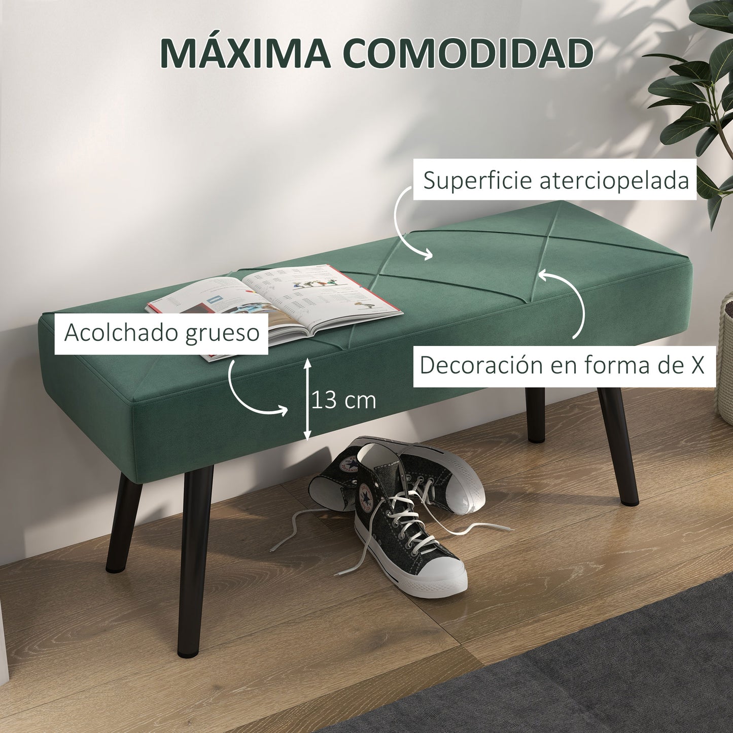 HOMCOM Taburete Pie de Cama Multifuncional Banco Pie de Cama Moderno Banco Dormitorio con Pies de Acero y Asiento Acolchado Carga 120 kg para Entrada Pasillo 100x36x45 cm Verde