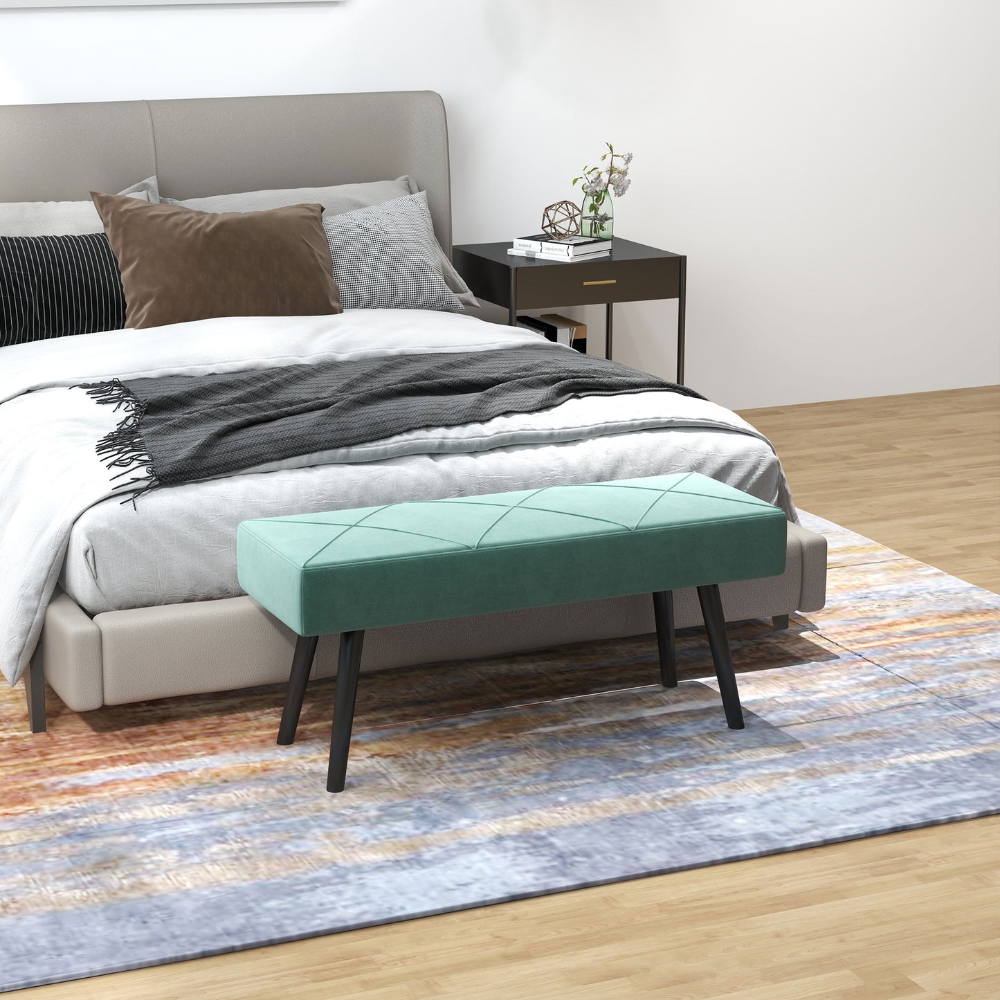 HOMCOM Taburete Pie de Cama Multifuncional Banco Pie de Cama Moderno Banco Dormitorio con Pies de Acero y Asiento Acolchado Carga 120 kg para Entrada Pasillo 100x36x45 cm Verde