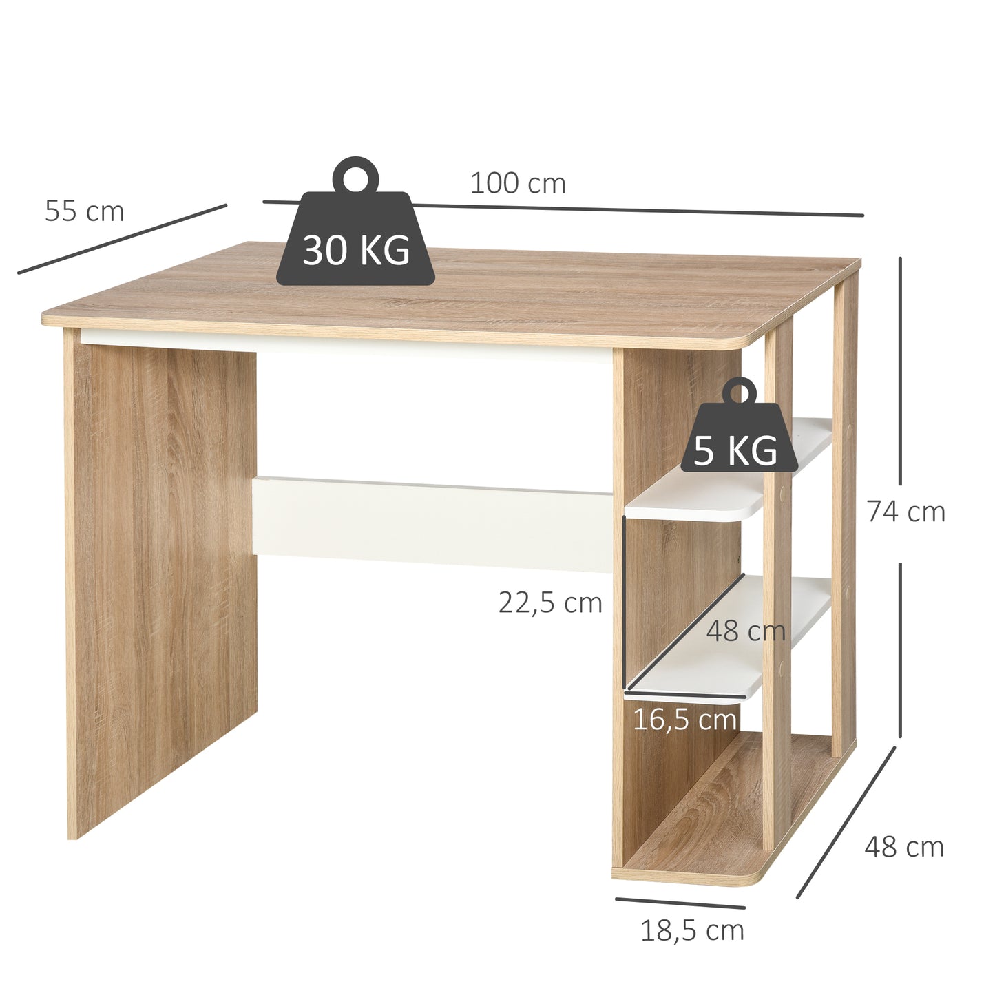 HOMCOM Mesa de Escritorio 2 en 1 con Estante de 3 Niveles Gran Superficie Espacio Almacenaje Amplio Mesa de Oficina Dormitorio Estudio 100x55x74 cm Madera