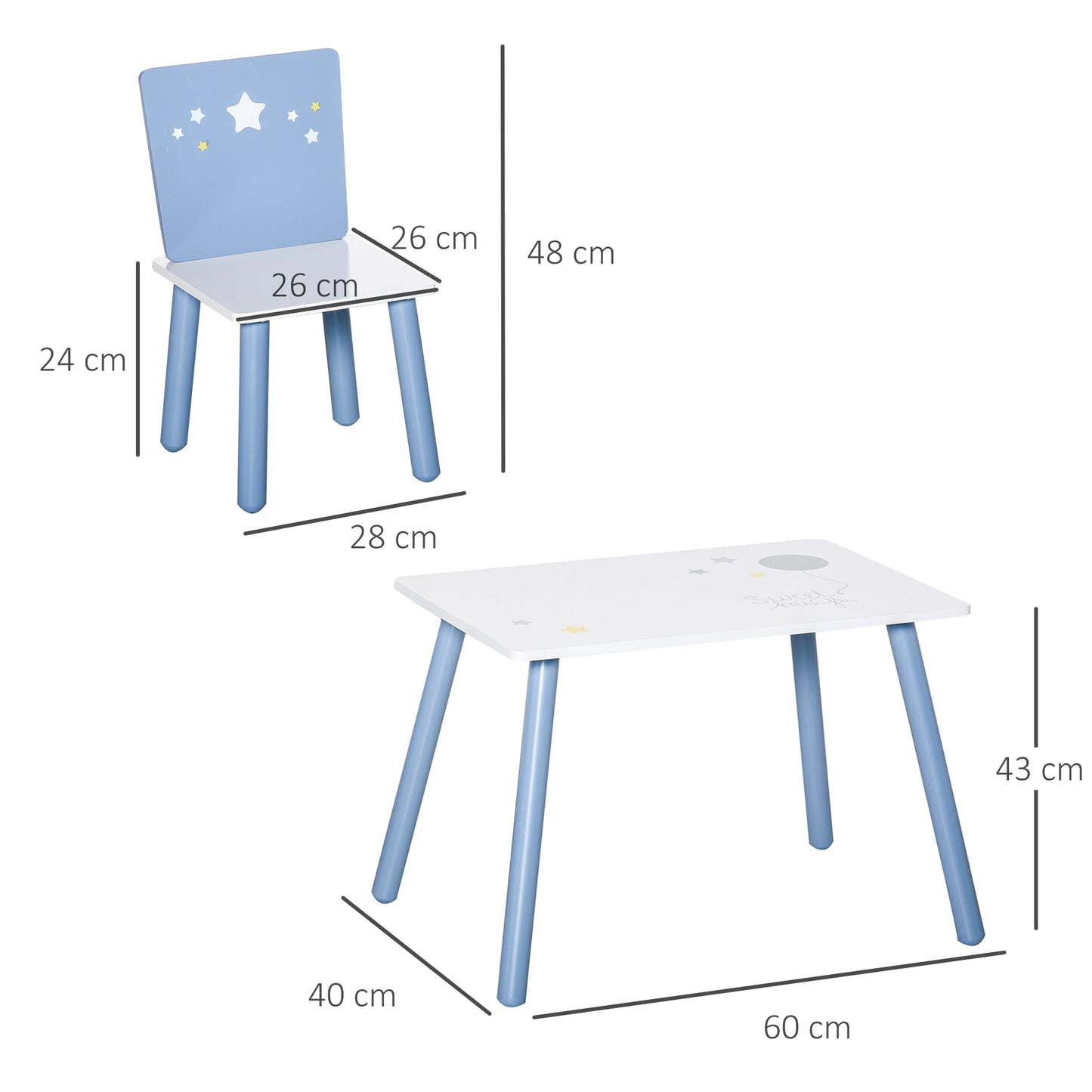 HOMCOM Juego de Mesa Infantil y 2 Sillas de Madera Mesa con Sillas para Niños de 2-4 Años Mesa 60x40x43 cm y Sillas 28x26x48 cm para Dormitorio Sala Blanco y Azul