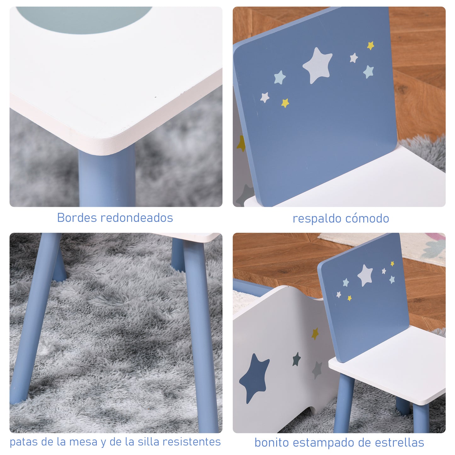 HOMCOM Juego de Mesa Infantil y 2 Sillas de Madera Mesa con Sillas para Niños de 2-4 Años Mesa 60x40x43 cm y Sillas 28x26x48 cm para Dormitorio Sala Blanco y Azul