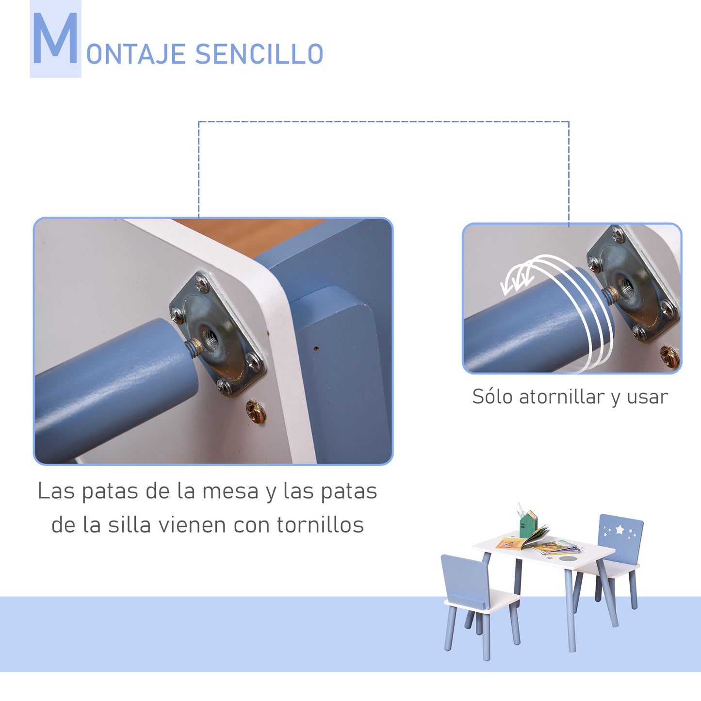 HOMCOM Juego de Mesa Infantil y 2 Sillas de Madera Mesa con Sillas para Niños de 2-4 Años Mesa 60x40x43 cm y Sillas 28x26x48 cm para Dormitorio Sala Blanco y Azul