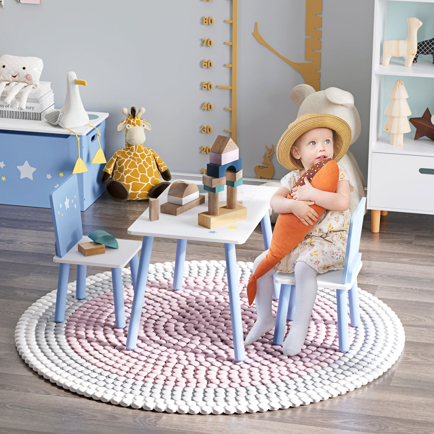 HOMCOM Juego de Mesa Infantil y 2 Sillas de Madera Mesa con Sillas para Niños de 2-4 Años Mesa 60x40x43 cm y Sillas 28x26x48 cm para Dormitorio Sala Blanco y Azul