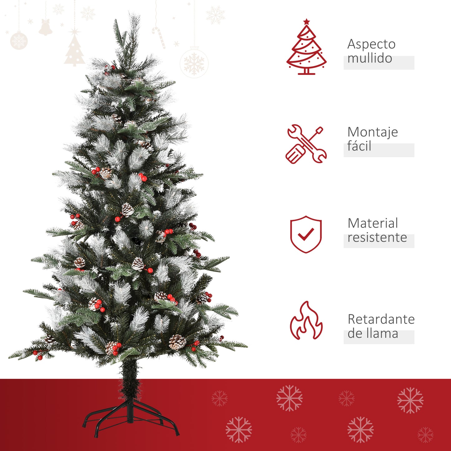 HOMCOM Árbol de Navidad Artificial 150 cm con 440 Ramas 39 Piñas y 39 Bayas Hojas de PVC PE Base Plegable y Soporte Metálico Decoración Navideña para Interiores Verde