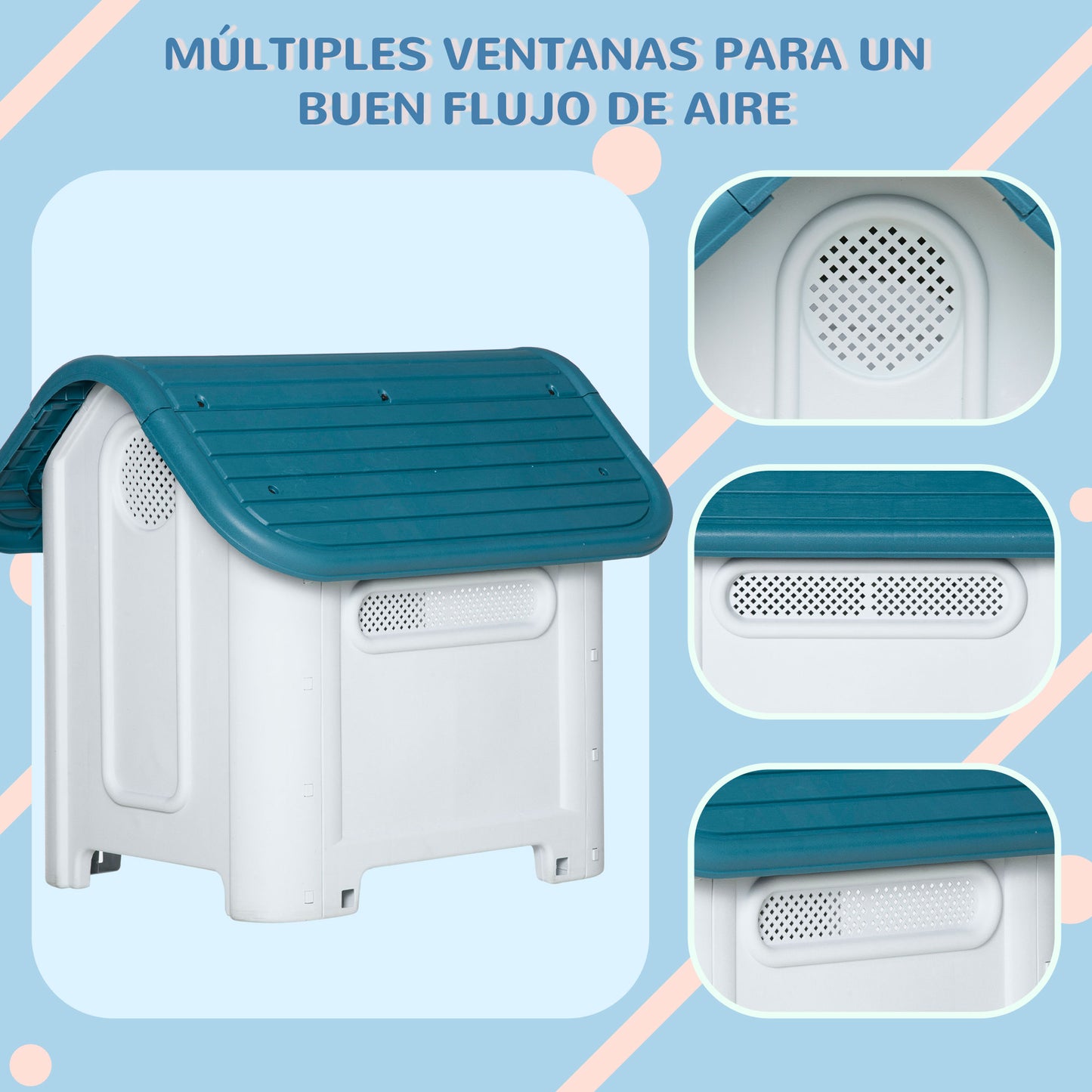 PawHut Caseta para Perros Mini para Uso Interior y Exterior con respiraderos Estilo Cabaña Resistente 59x75x66 cm Azul y Gris