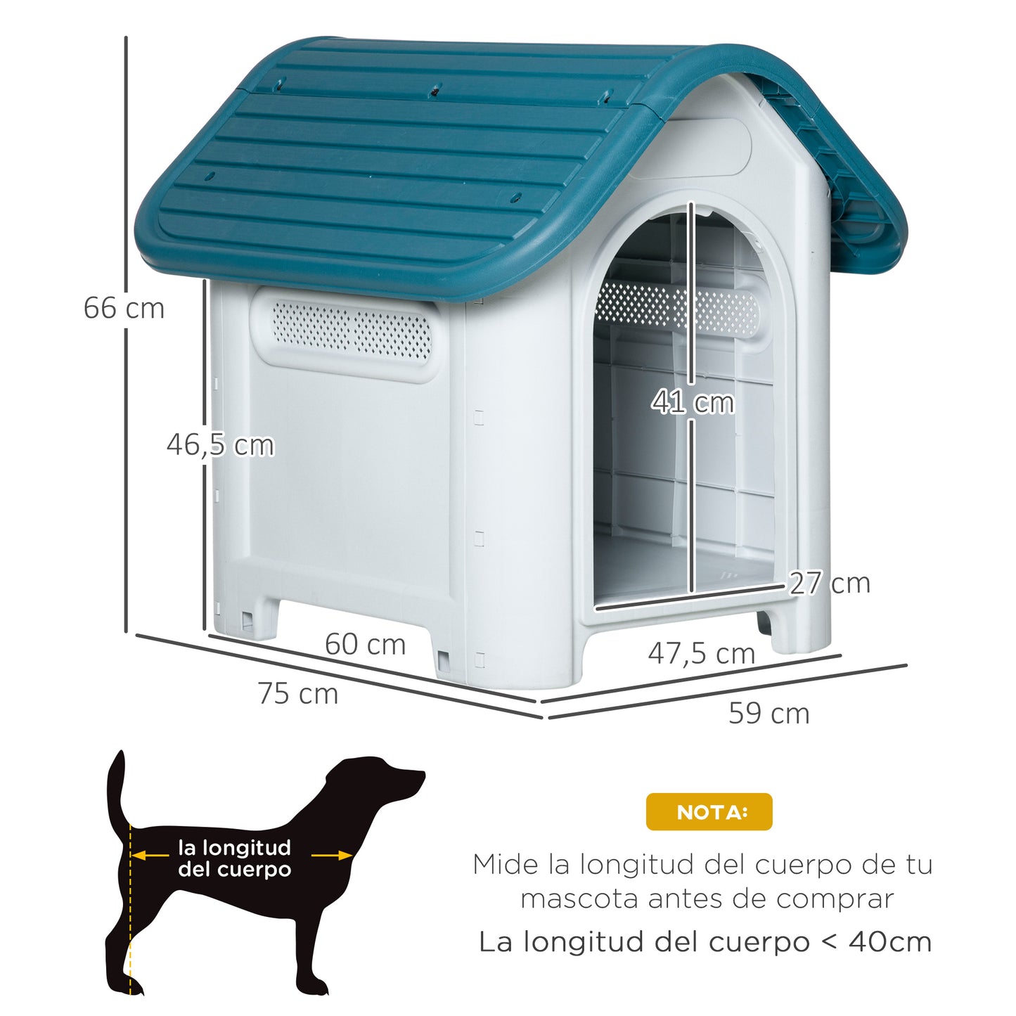 PawHut Caseta para Perros Mini para Uso Interior y Exterior con respiraderos Estilo Cabaña Resistente 59x75x66 cm Azul y Gris