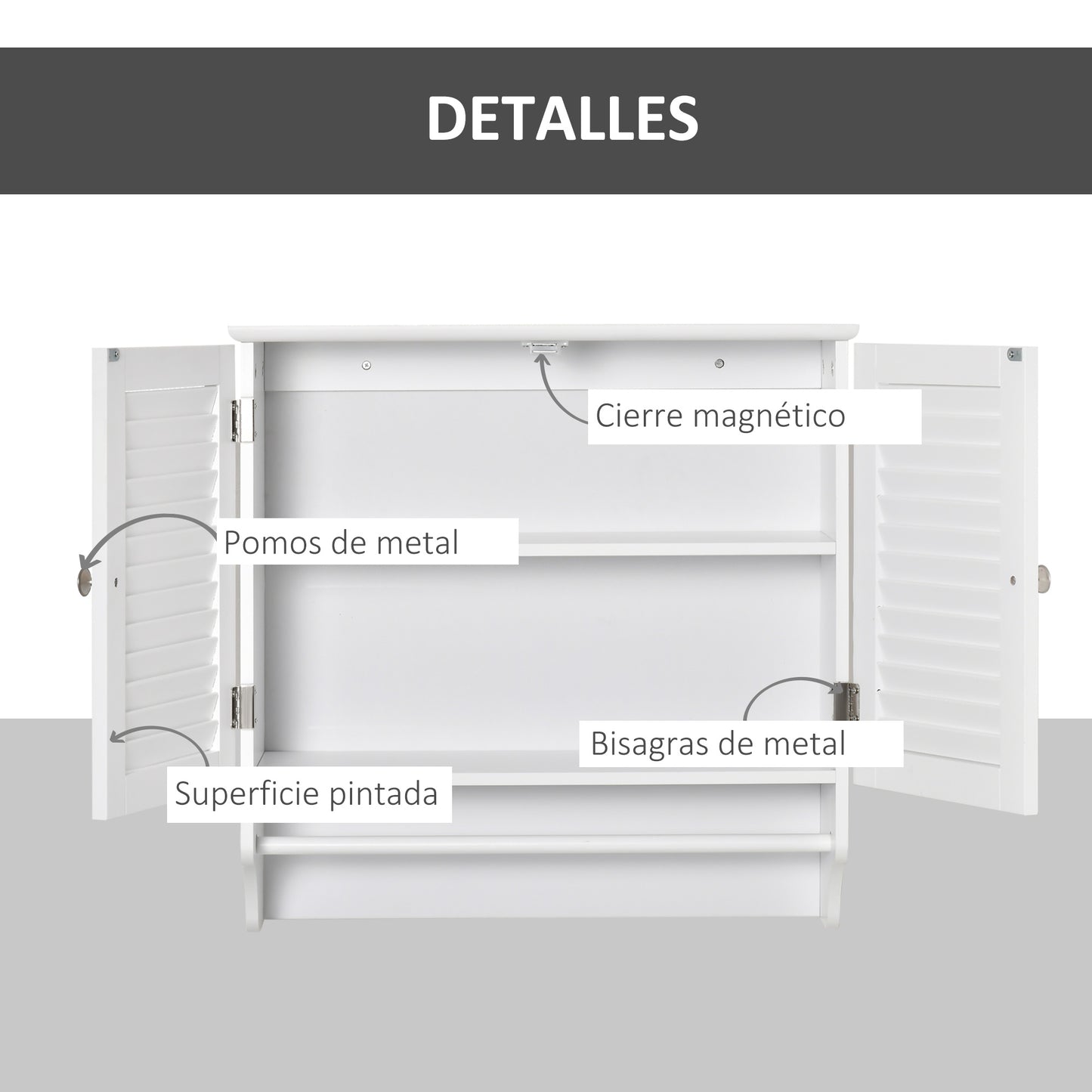 kleankin Armario Baño de Pared con 2 Puertas de Persiana Estante Interior y Barra de Toallero Mueble Auxiliar Suspendido Moderno Multiusos para Cocina 60x23x60 cm Blanco