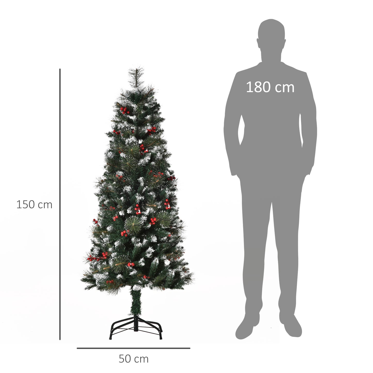 HOMCOM Árbol de Navidad Artificial con Nieve 150 cm Ignífugo con 360 Ramas 38 Bayas Base Plegable y Soporte Metálico Decoración Navideña para Interiores Verde