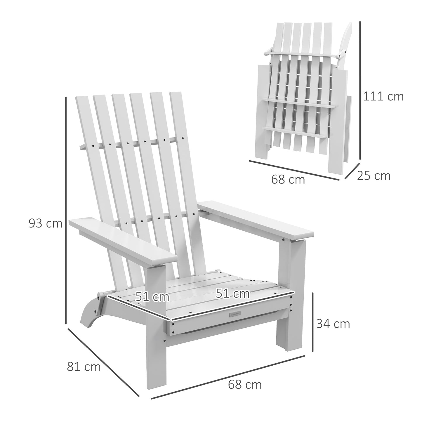 Outsunny Silla Adirondack de Madera Silla de Jardín Plegable con Reposabrazos Carga 160 kg para Patio Terraza Balcón 68x81x93 cm Blanco