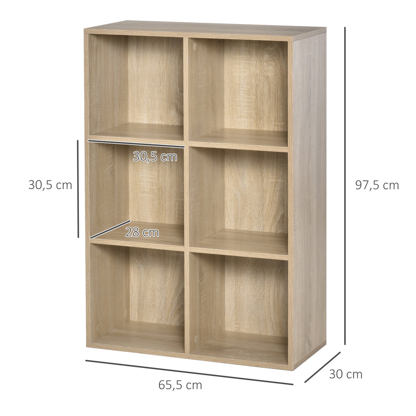 HOMCOM Estantería para Libros Estantes de Madera de 3 Niveles con 6 Cubos de Almacenaje para Sala de Estar Dormitorio Oficina 65,5x30x97,5 cm Roble