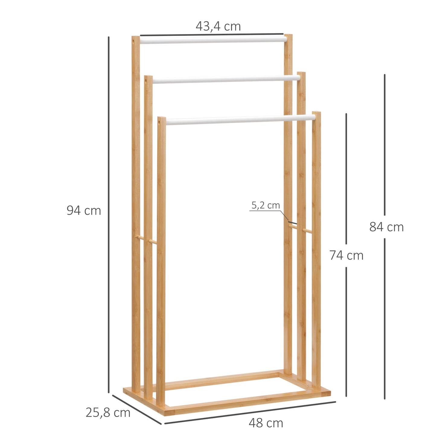 HOMCOM Toallero de Pie de Bambú con 3 Barras Toallero Independiente de 3 Niveles para Baño Lavadero 48x25,8x94 cm Natural