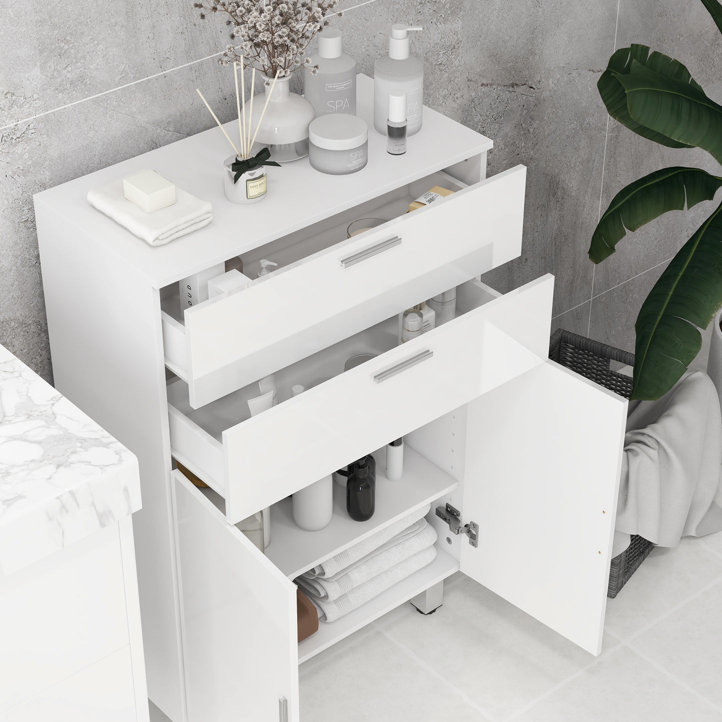 kleankin Mueble Auxiliar Baño Moderno Armario de Baño con 2 Cajones Armario y Estantes Ajustables Mueble de Almacenaje para Salón Dormitorio Antivuelco Carga 35 kg 60x30x93 cm Blanco Brillante