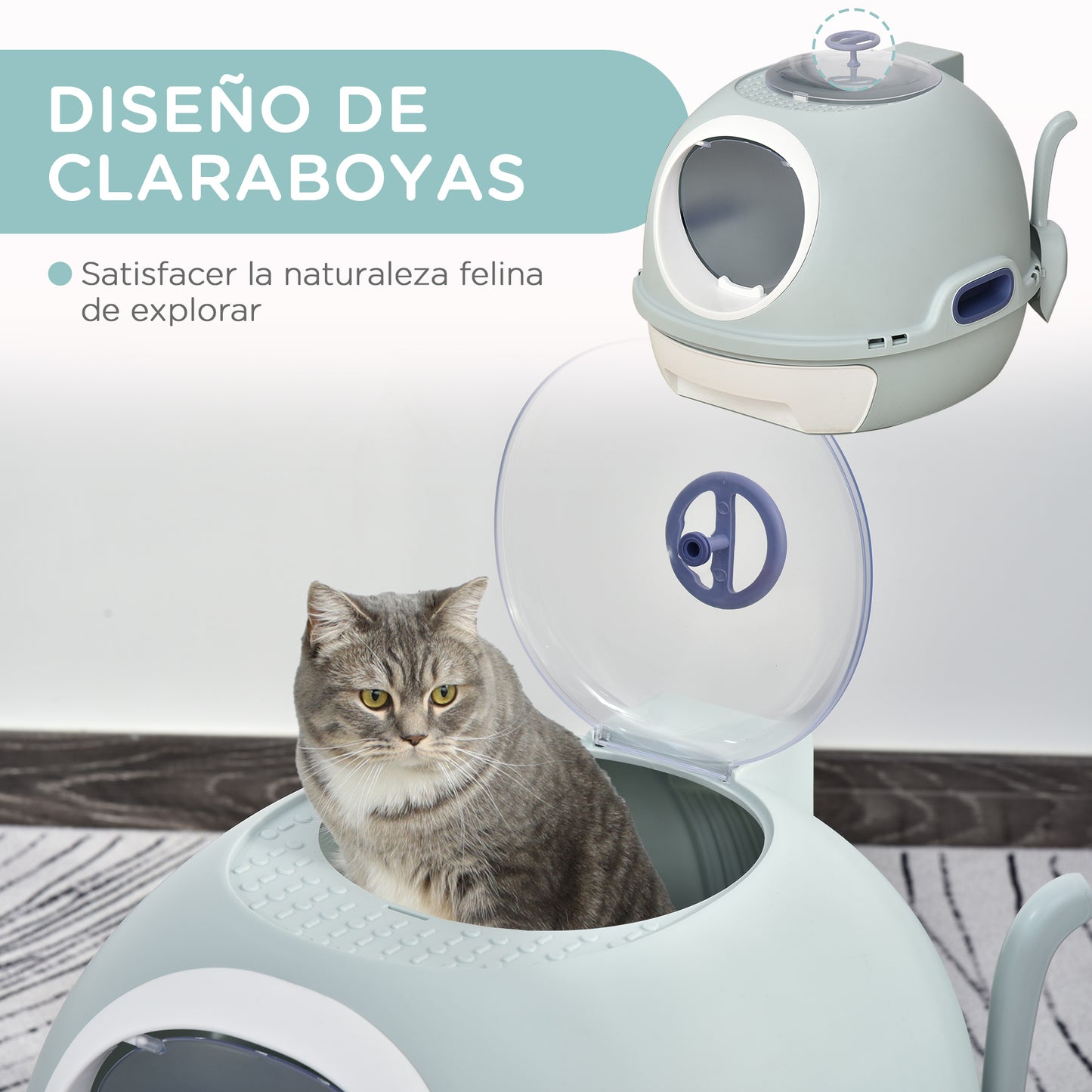 PawHut Caja de Arena para Gatos Arenero Cubierto con Cajón Arenero Cerrado para Gatos con Claraboya Abatible Bandeja Extraíble y Pala 47x55x44 cm Azul