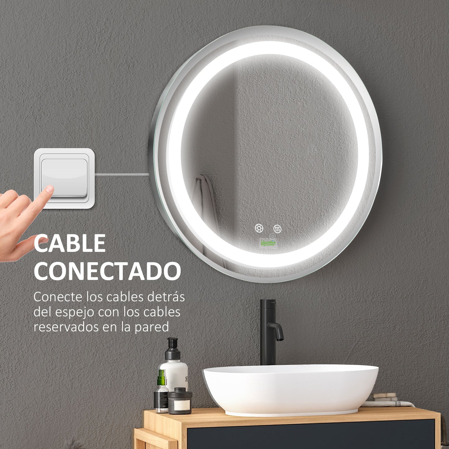 kleankin Espejo de Baño con Luz LED Ø50x4,6 cm Espejo Redondo de Pared con Interruptor Táctil 3 Luces Ajustables Función de Memoria y Antivaho Marco de Aluminio Plata