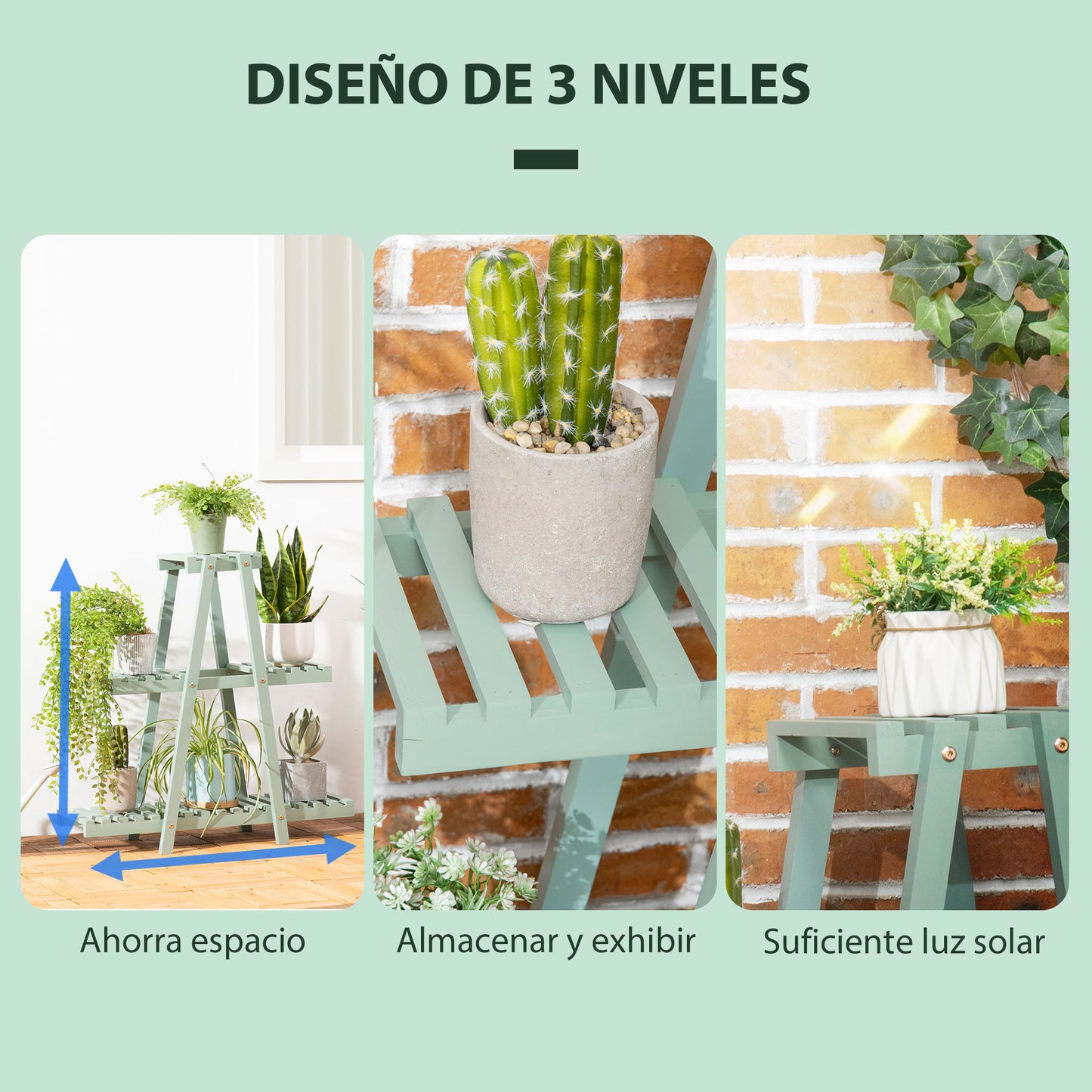 Outsunny Soporte de Madera para Plantas Estantería para Flores de 3 Niveles Estantería Decorativa para Interiores Exteriores Terraza Jardín Balcón 76x26x76 cm Verde