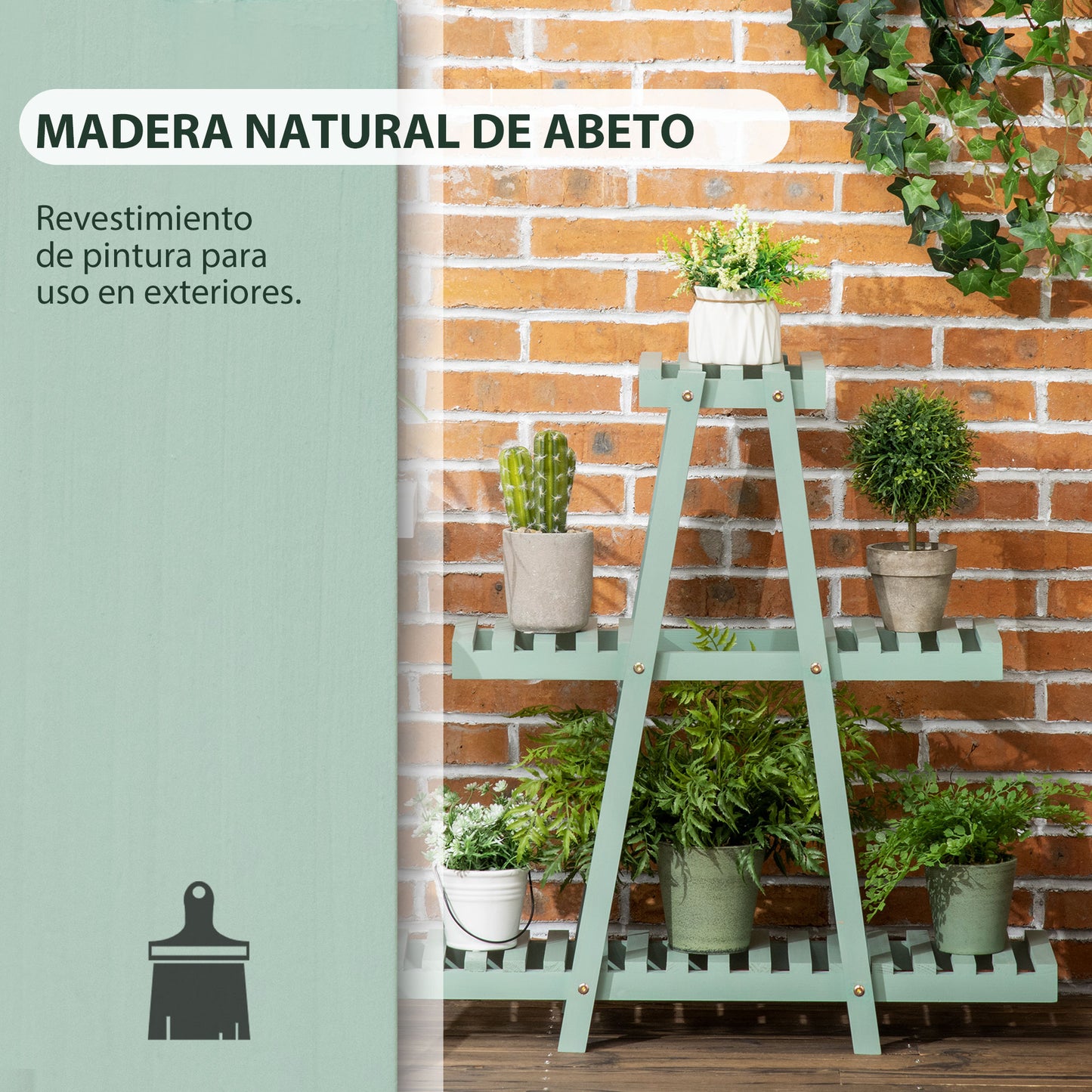 Outsunny Soporte de Madera para Plantas Estantería para Flores de 3 Niveles Estantería Decorativa para Interiores Exteriores Terraza Jardín Balcón 76x26x76 cm Verde