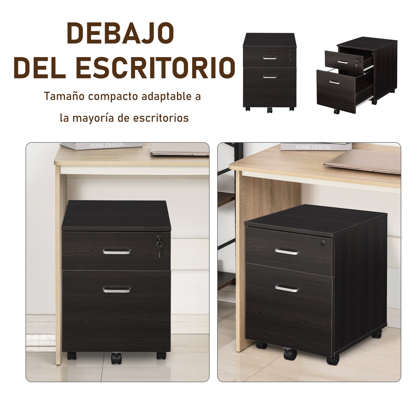 Vinsetto Archivador Móvil para Archivos A4 con Ruedas Gabinete de Archivos Suspendidos con 2 Cajones y Cerradura 40x45x55,6 cm wengué