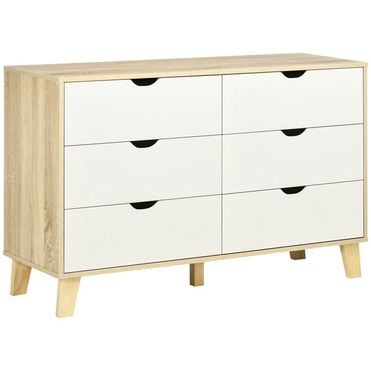 HOMCOM Cómoda con 6 Cajones Cajonera de Armario Mueble Organizador con Cajones para Cocina Dormitorio Salón Estudio Estilo Moderno Antivuelco 120x40x76 cm Natural y Blanco