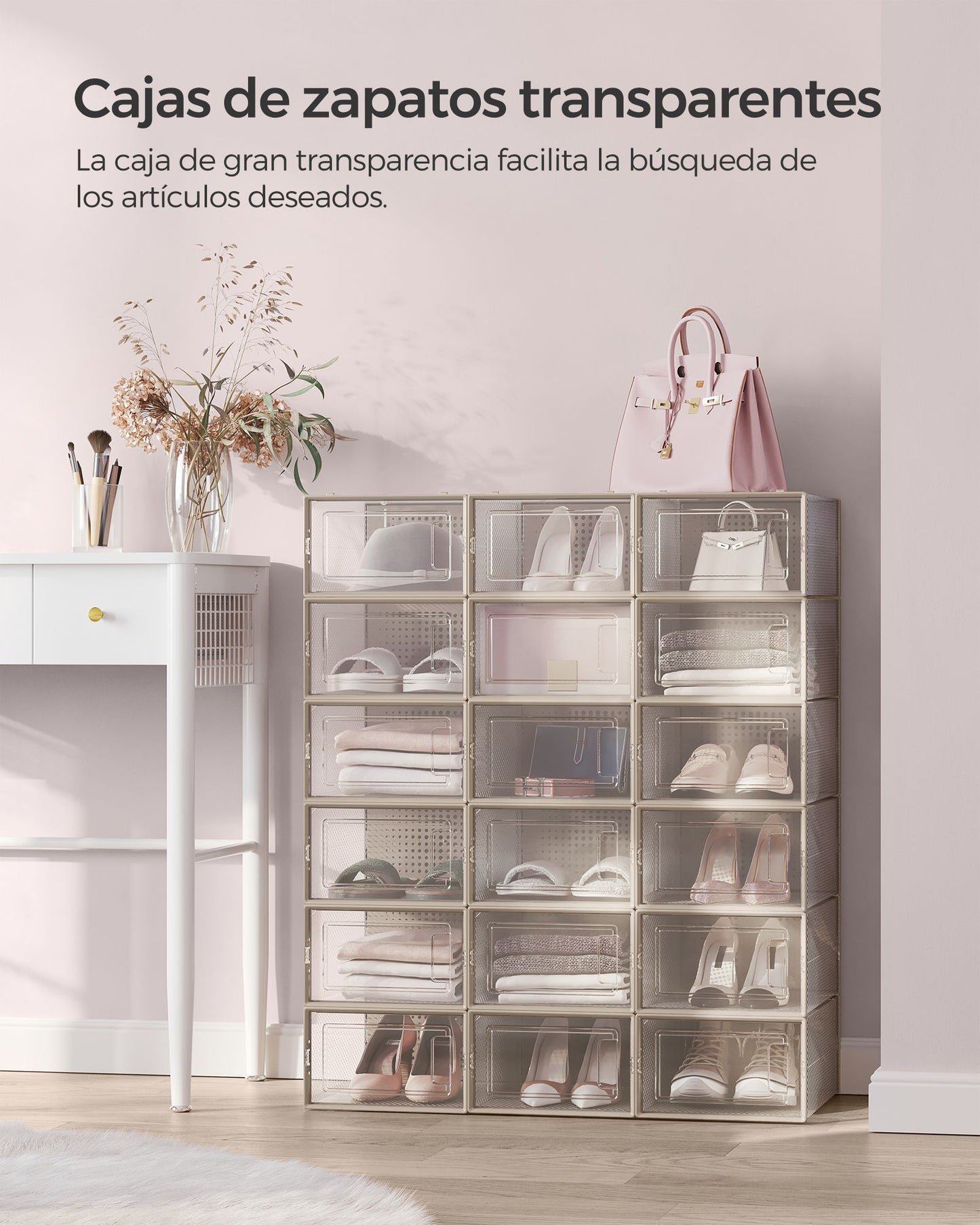 Juego de 18 Cajas de Zapatos Plástico Transparente y Beige Avena-SONGMICS