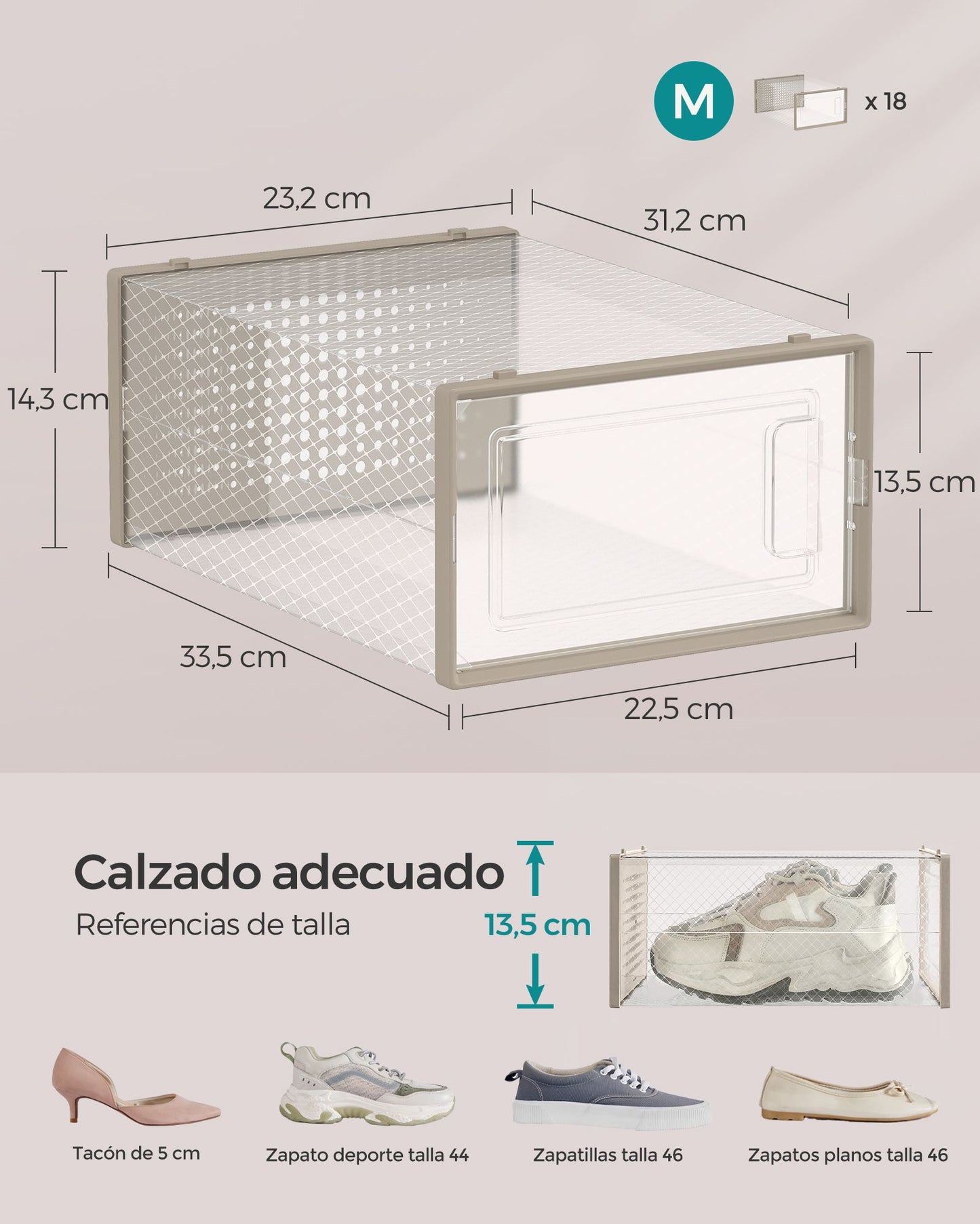 Juego de 18 Cajas de Zapatos Plástico Transparente y Beige Avena-SONGMICS