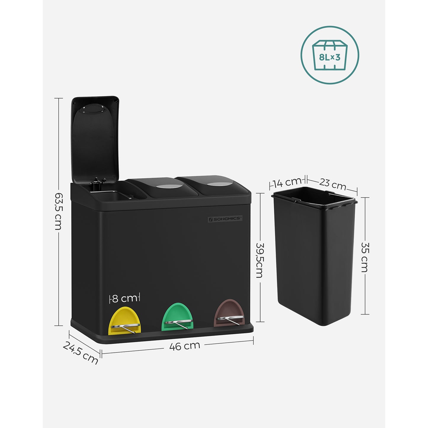 Cubo de Basura de Cocina Basurero Clasificador Papelera 3 x 8 L con Tapas Negro-SONGMICS