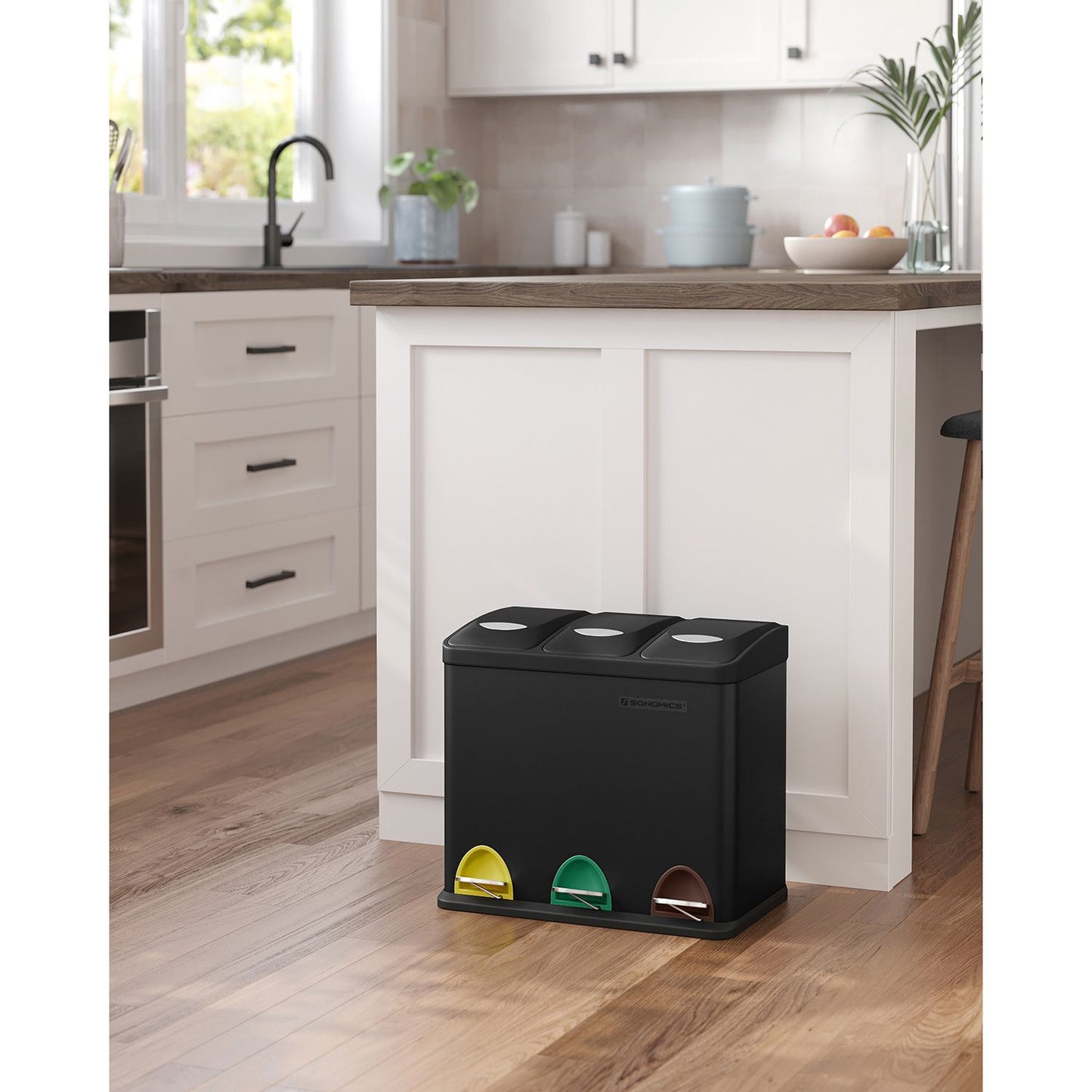 Cubo de Basura de Cocina Basurero Clasificador Papelera 3 x 8 L con Tapas Negro-SONGMICS