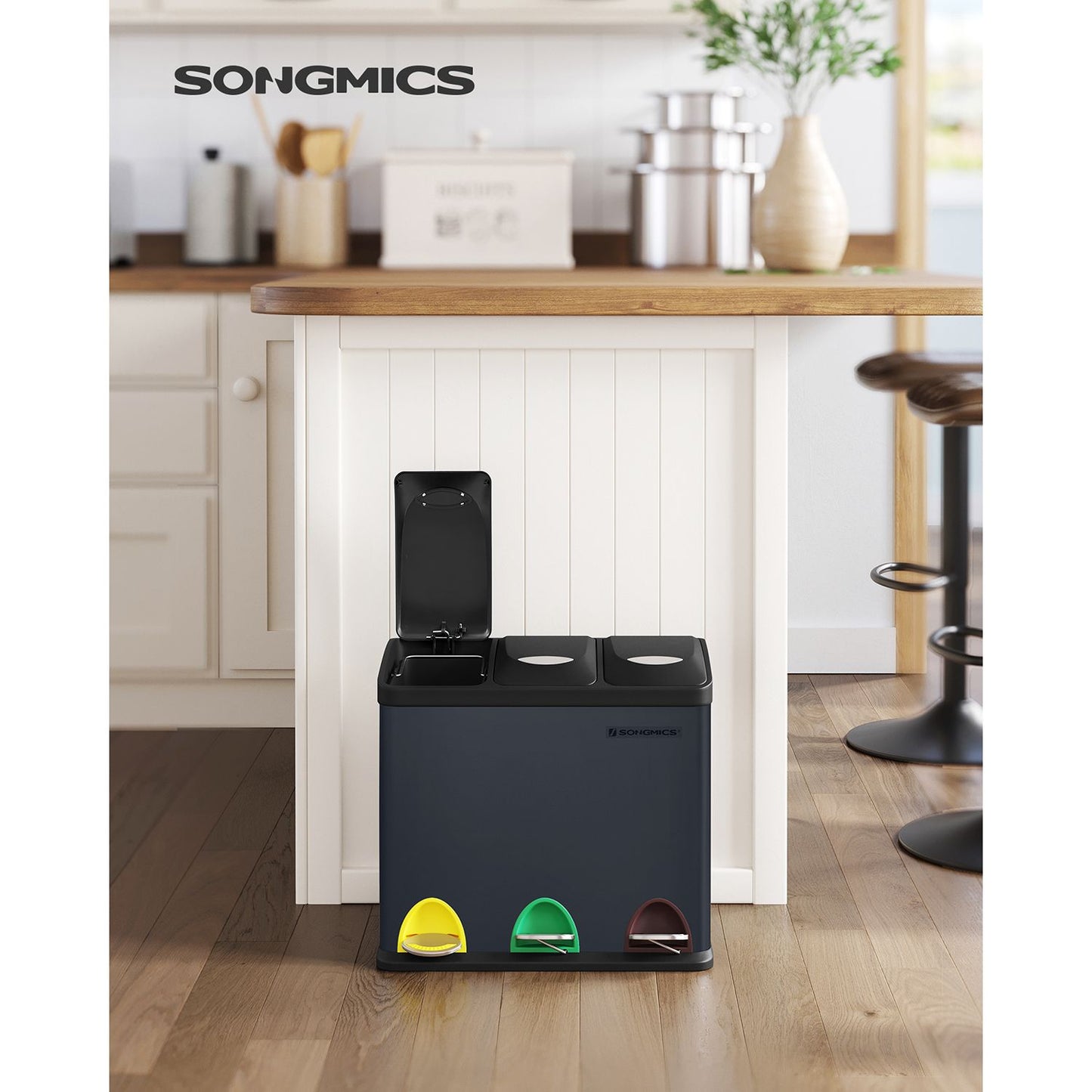 Cubo de Basura de Cocina de 3 x 8 L Negro-SONGMICS