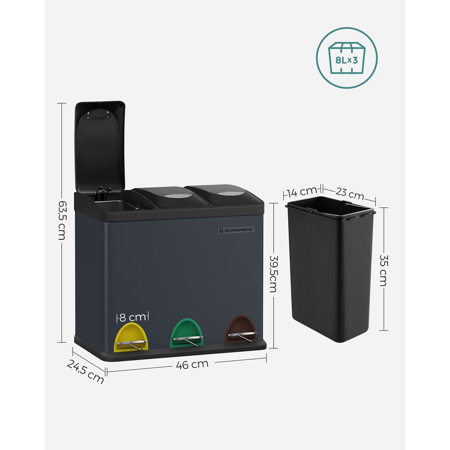 Cubo de Basura de Cocina de 3 x 8 L Negro-SONGMICS