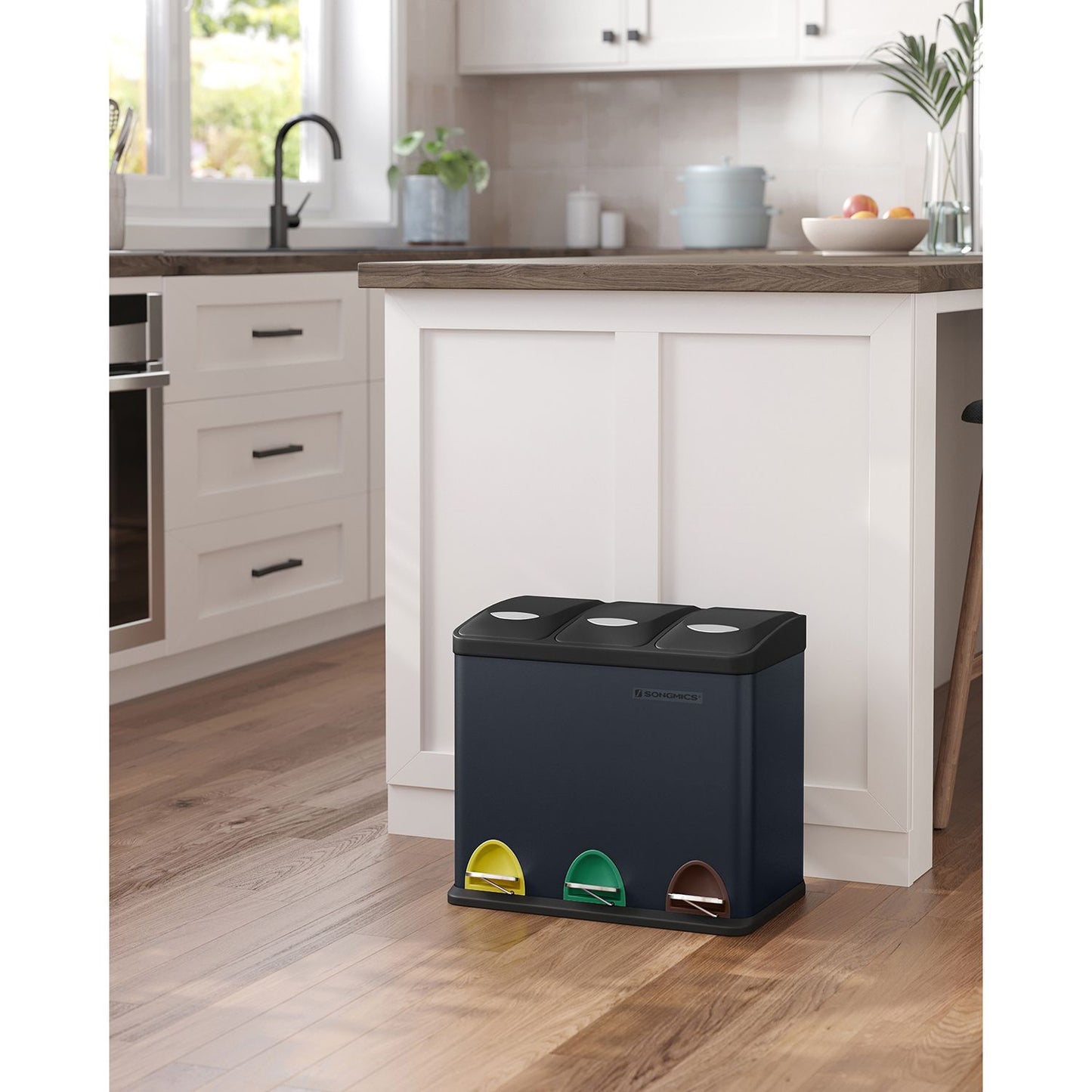 Cubo de Basura de Cocina de 3 x 8 L Negro-SONGMICS