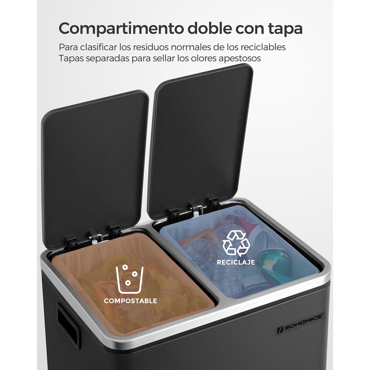 Cubo de Basura de Cocina de 2 x 15 L Negro-SONGMICS