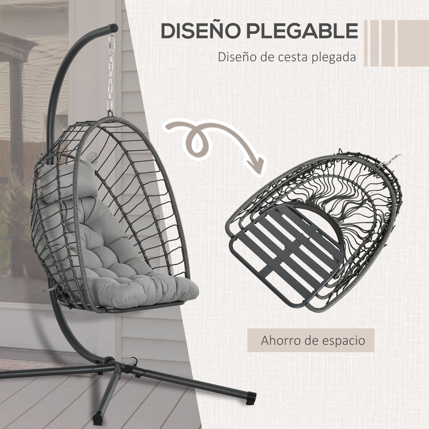 Outsunny Silla Colgante de Ratán Sillón Colgante Plegable con Cojín Reposacabezas y Marco de Acero Carga 100 kg para Interior y Exterior Gris Oscuro