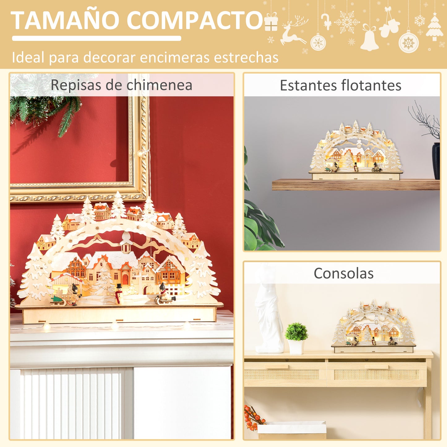 HOMCOM Casa de Pueblo Navideño con 12 Luces Escena Navideña Iluminado Decoración Navideña para Escritorio Mesa Chimeneas 45x7x28 cm Natural