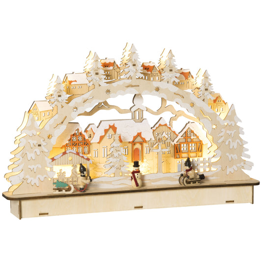 HOMCOM Casa de Pueblo Navideño con 12 Luces Escena Navideña Iluminado Decoración Navideña para Escritorio Mesa Chimeneas 45x7x28 cm Natural