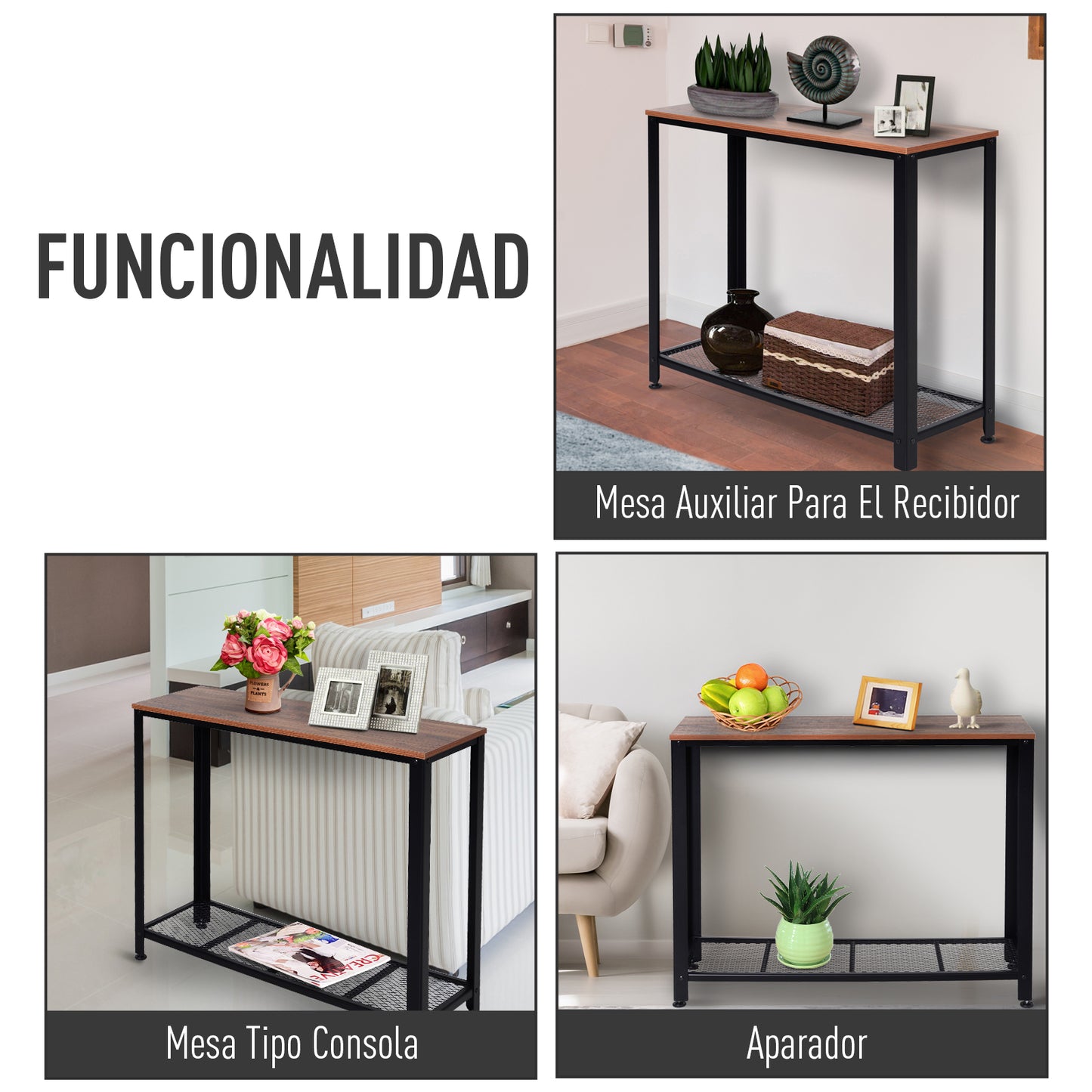 HOMCOM Mesa de Consola Industrial Mesa de Entrada con Estante Inferior de Malla Metálica Carga 30 kg 101x35x80 cm Marrón y Negro