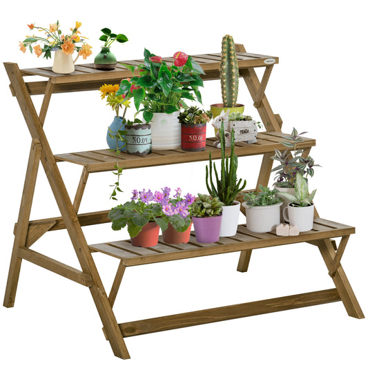 Outsunny Estantería para Plantas de Madera Soporte de Macetas con 3 Estantes Plegables en Forma Escalera para Decoración Interiores y Exteriores 101x83x88 cm Marrón