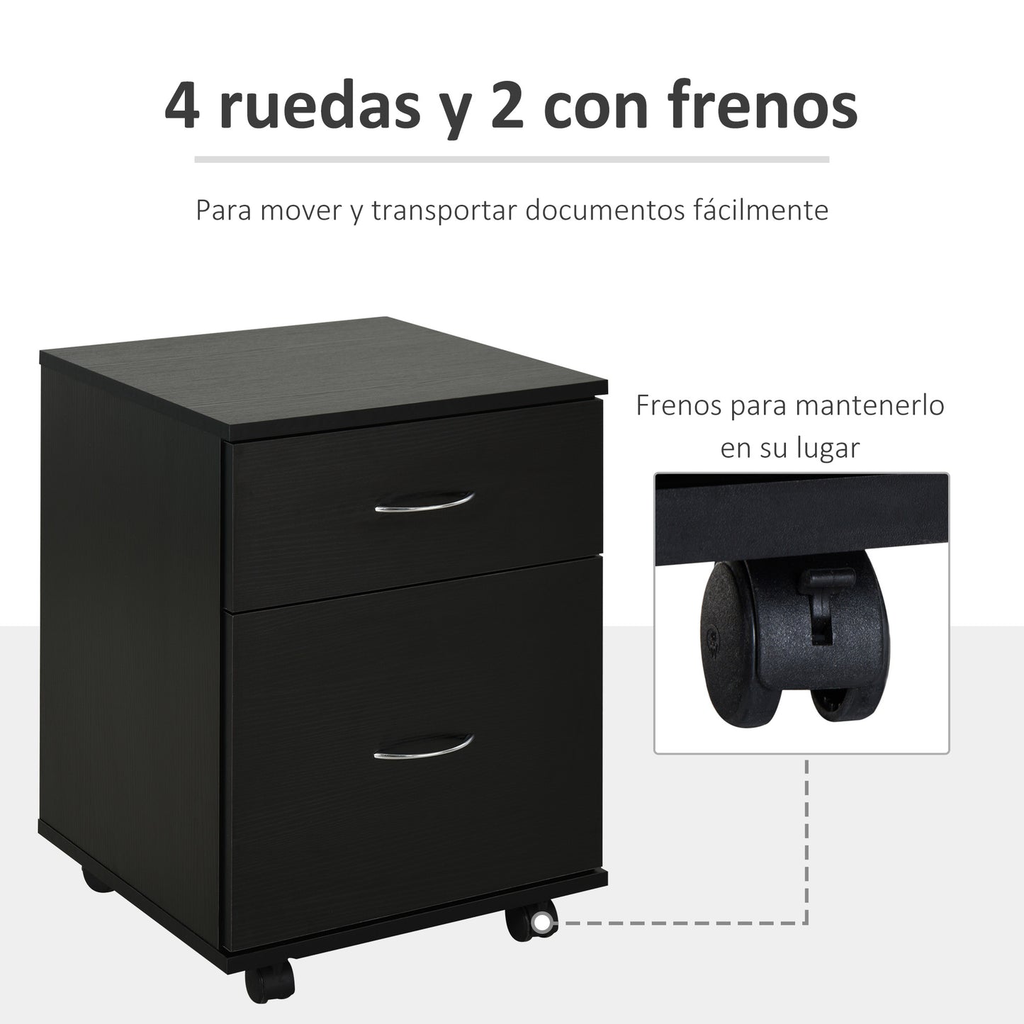 HOMCOM Cajonera de Oficina y Hogar tipo Archivador de Madera Móvil con Ruedas y 2 Cajones 41x39x58cm Negro