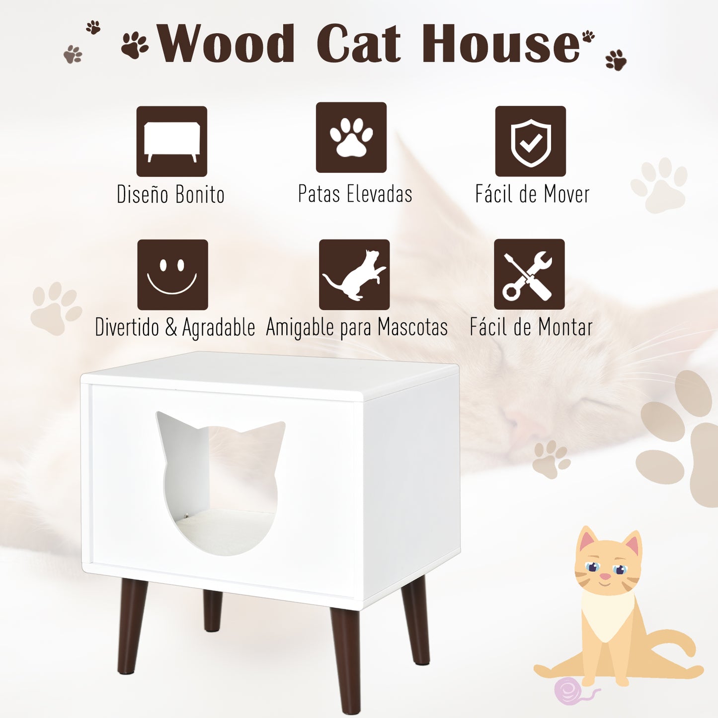 PawHut Cueva de Gatos Cama para Mascotas Semiabierto con Cojín Acolchado Suave Antideslizante Diseño Elevado Bonito Felpa Corta 49x34x49 cm Blanco