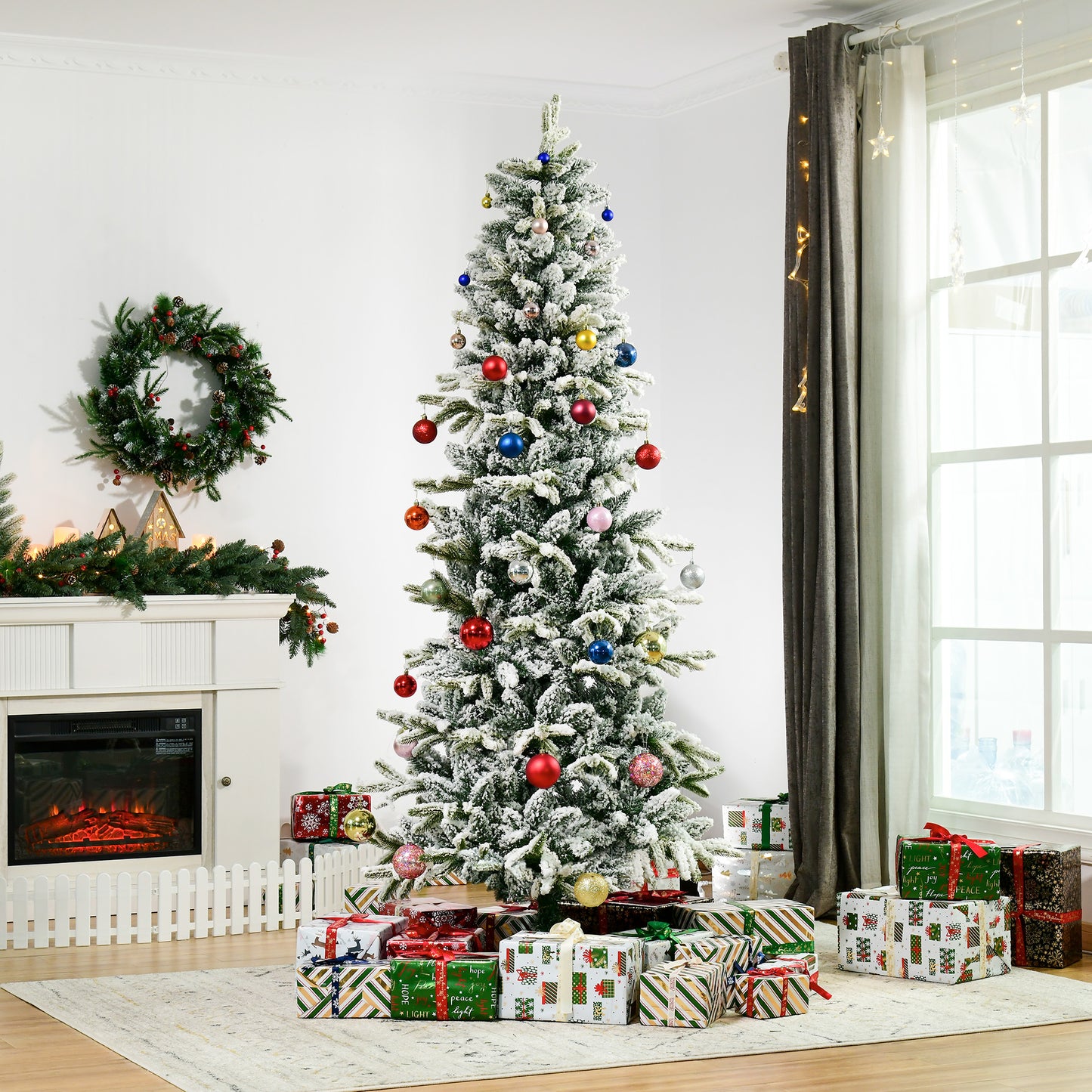 HOMCOM Árbol de Navidad Nevado 210 cm Árbol de Navidad Artificial con 784 Puntas de Rama Ignífugas y Soporte de Acero Decoración Navideña para Interiores Verde y Blanco