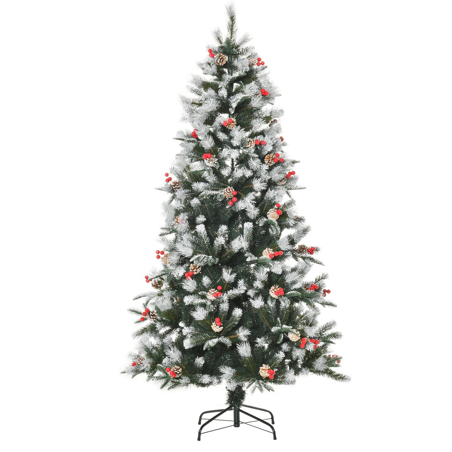 HOMCOM Árbol de Navidad Artificial 180 cm con 678 Ramas 53 Piñas y 53 Bayas Hojas de PVC PE Base Plegable y Soporte Metálico Decoración Navideña para Interiores Verde