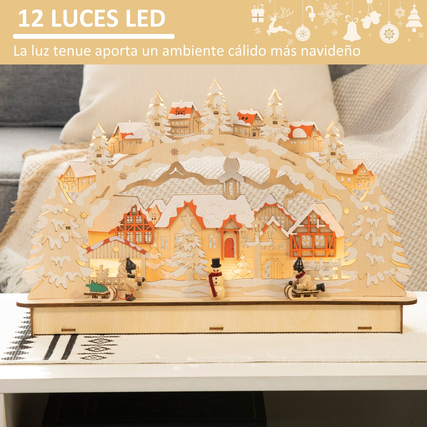 HOMCOM Casa de Pueblo Navideño con 12 Luces Escena Navideña Iluminado Decoración Navideña para Escritorio Mesa Chimeneas 45x7x28 cm Natural