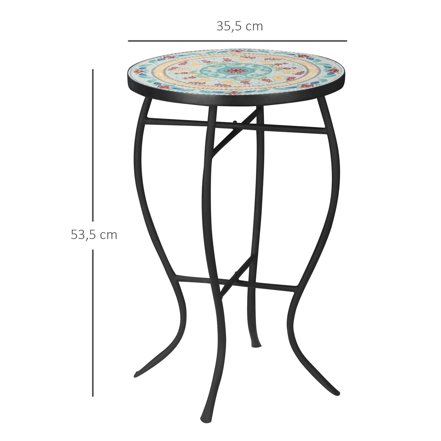 Outsunny Mesa de Jardín Redonda Mesa Auxiliar de Mosaico con Patas de Metal para Patio Terraza Exterior Balcón 35,5x35,5x53,5 cm Turquesa