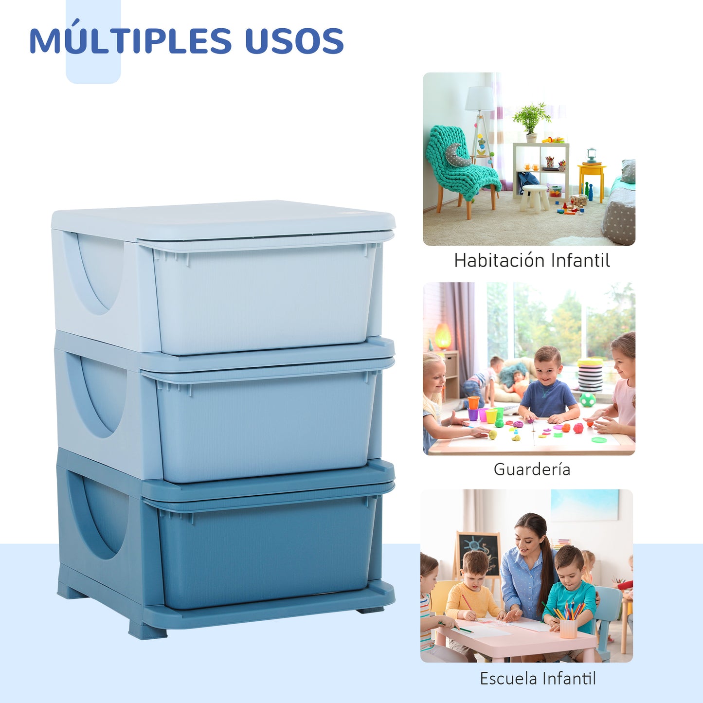 HOMCOM Torre de Almacenamiento Infantil con 3 Cajones Organizador de Juguetes para Niños +3 Años Gran Almacenaje con Asas para Juguetes Ropa Libros 37x37x56,5 cm Azul