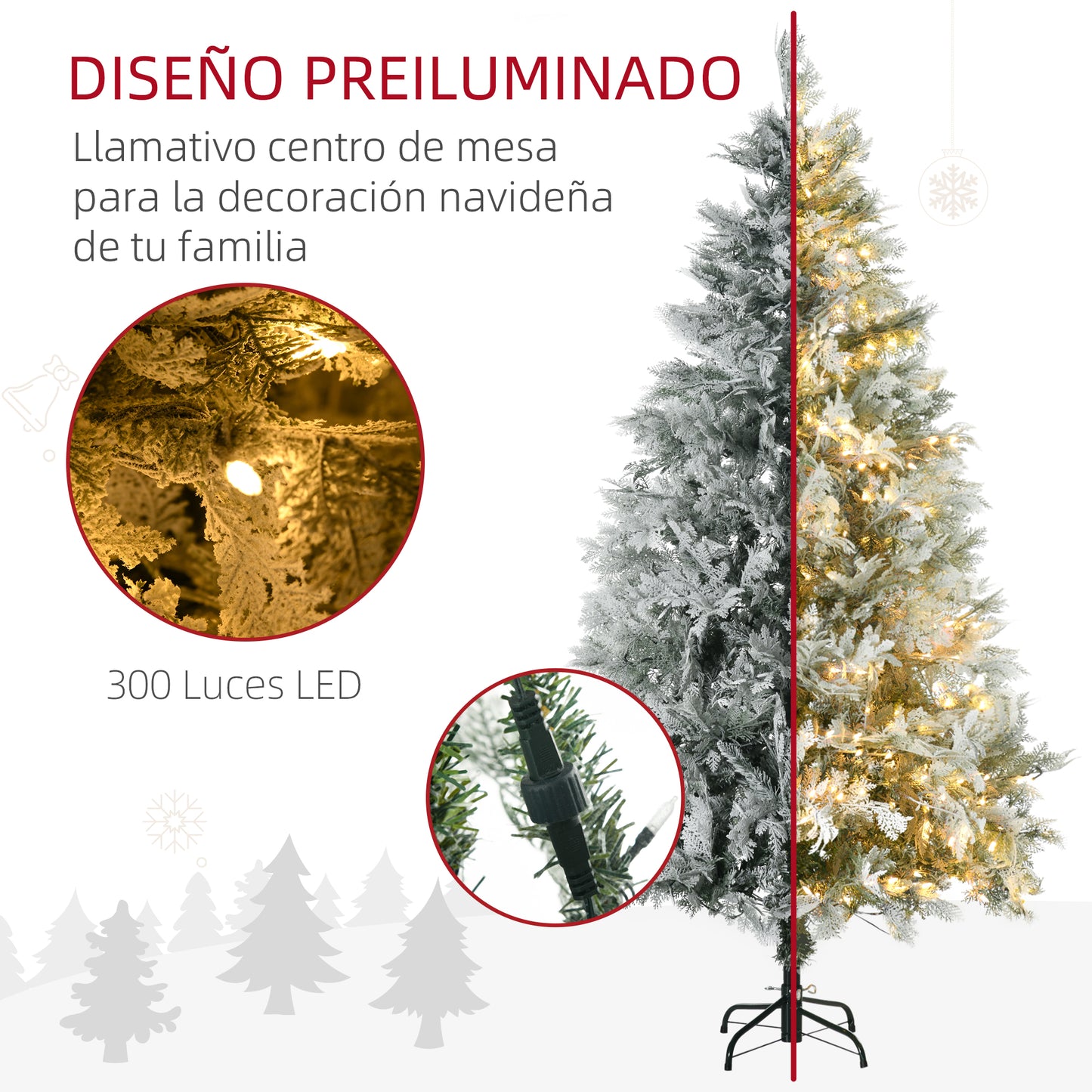 HOMCOM Árbol de Navidad Artificial 180 cm con 300 Luces LED Blancas Cálidas Árbol de Navidad Nevado con 577 Ramas Forma de Ciprés Base Plegable Decoración Navideña