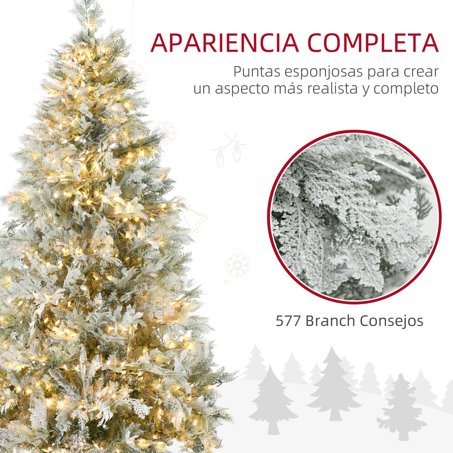 HOMCOM Árbol de Navidad Artificial 180 cm con 300 Luces LED Blancas Cálidas Árbol de Navidad Nevado con 577 Ramas Forma de Ciprés Base Plegable Decoración Navideña