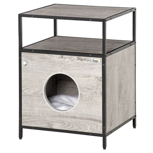 PawHut Casa para Gatos de Madera con Apariencia de Mesa Auxiliar con 2 Estantes de Almacenaje Cueva Gatos con Cojín Extraíble y Lavable 48x40x65,5 cm Roble Gris