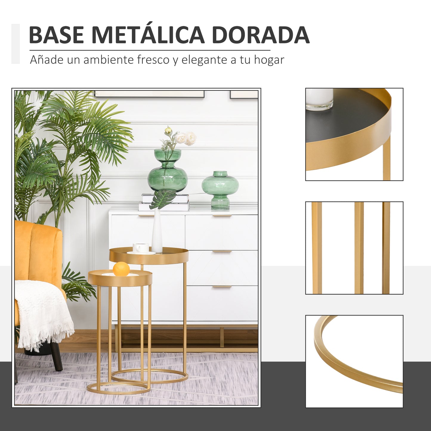 HOMCOM Juego de 2 Mesas de Café Moderno Set de 2 Mesas de Centro Apilables Estructura de Metal Dorado Sala de Estar Ø39x63 cm y Ø30,8x56 cm Encimera Negro y Blanco